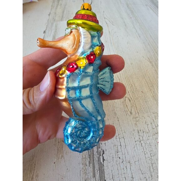 Blue glitter seahorse Hawaiian glass ornament Xmas tree - Picture 3 of 8